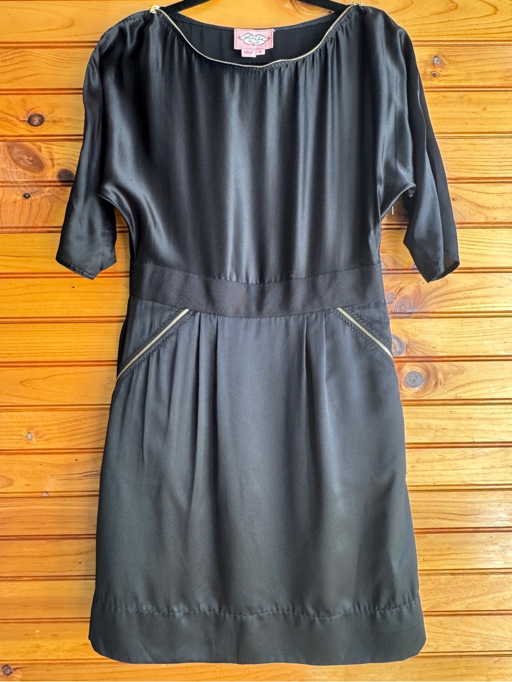 Phoebe Couture Silk Cocktail Dress Black Gold Zip Detail Dolman Sleeve 8
